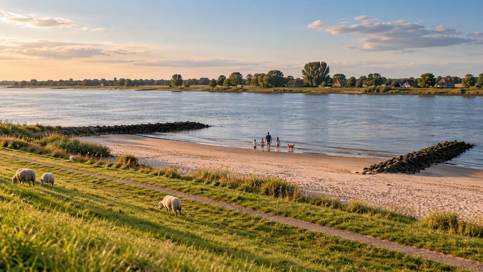 Heller Sandstrand zwischen zwei Steinbuhnen an der Elbe, Familie am Wasser