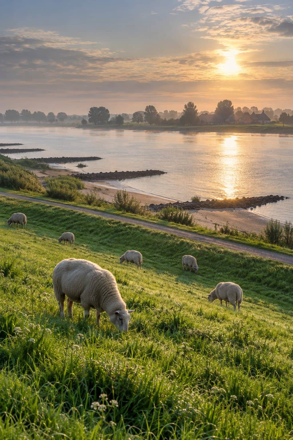 Schafe grasen im Morgenlicht auf dem Elbdeich