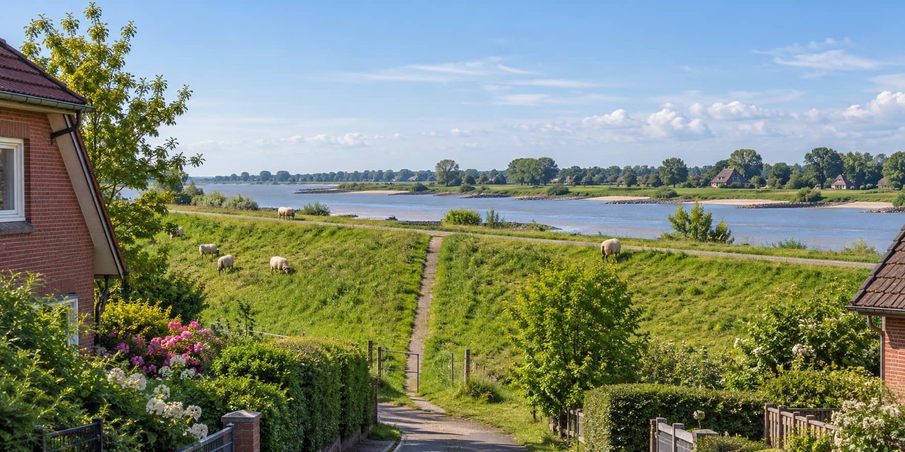 Fußweg aus einer Wohnstraße die grüne Deichböschung hinauf