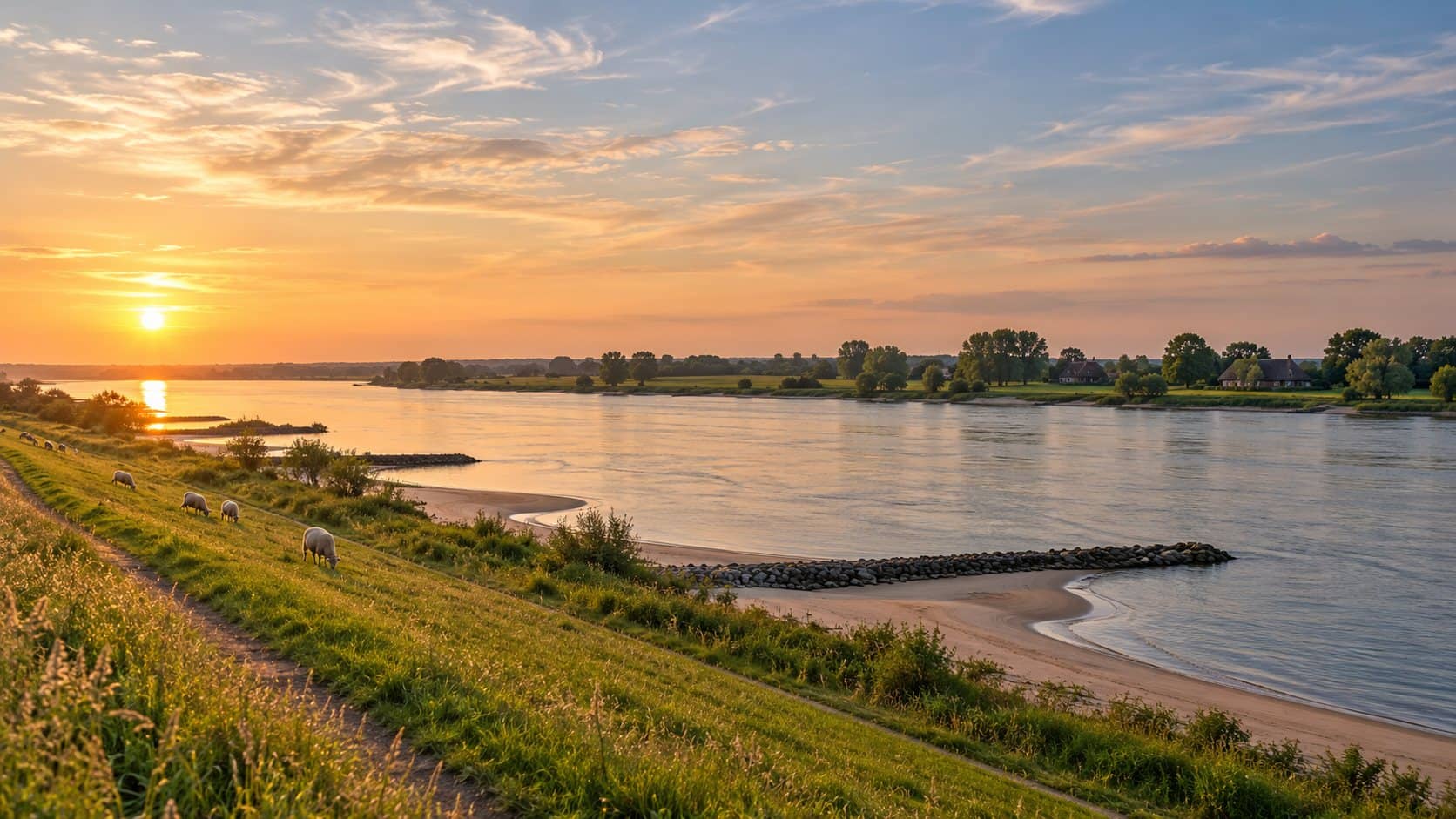 Abendsonne über der Elbe, im Vordergrund der grüne Deich mit Schafen