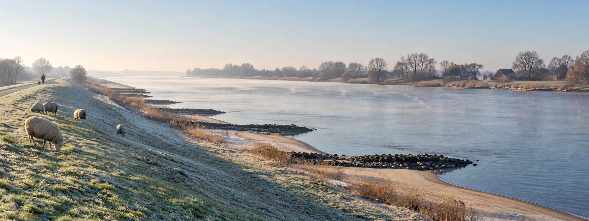 Raureif auf dem Deich an einem klaren Wintermorgen an der Elbe