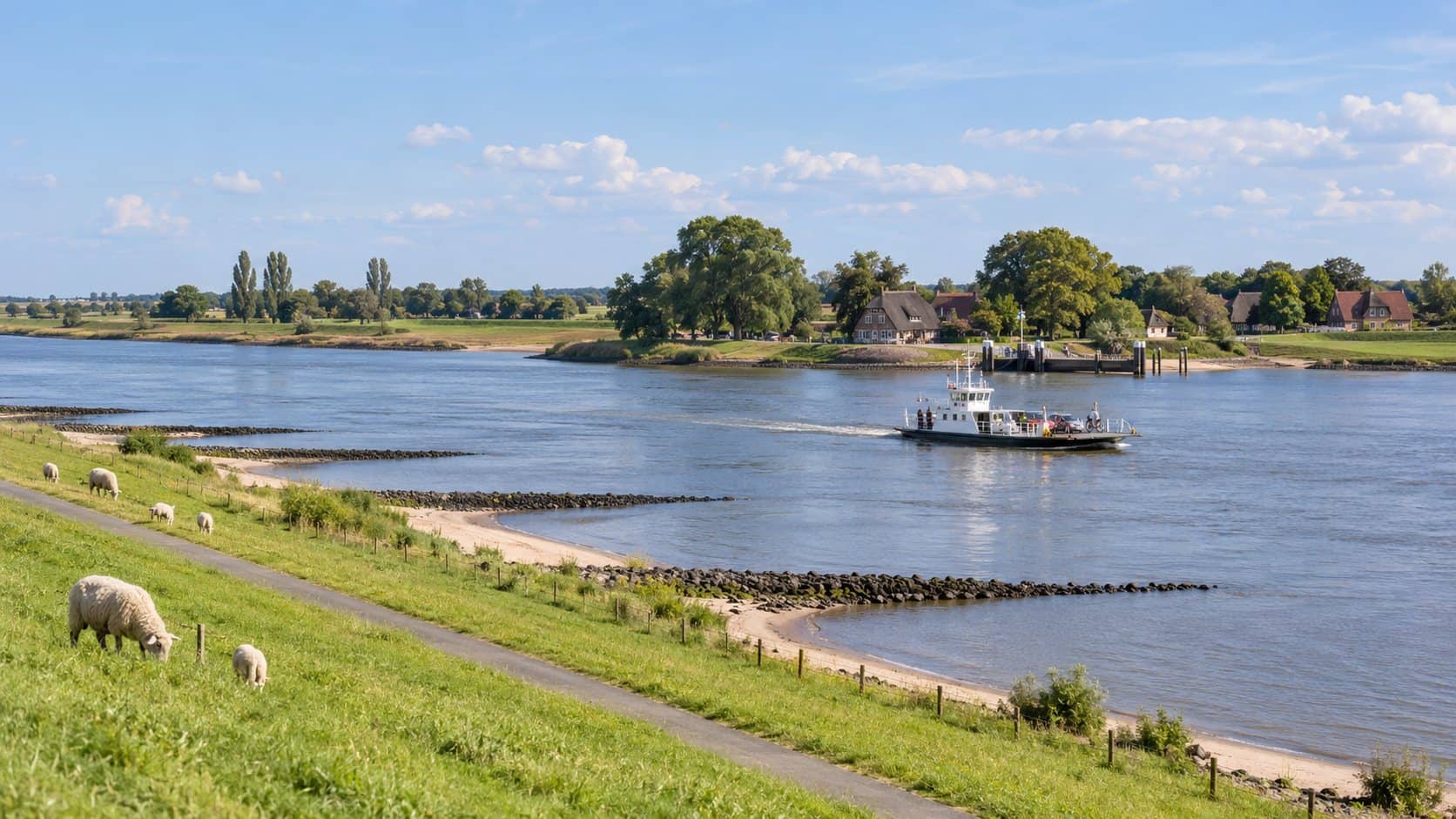Kleine Autofähre überquert die Elbe, am anderen Ufer ein Fährhaus unter Bäumen